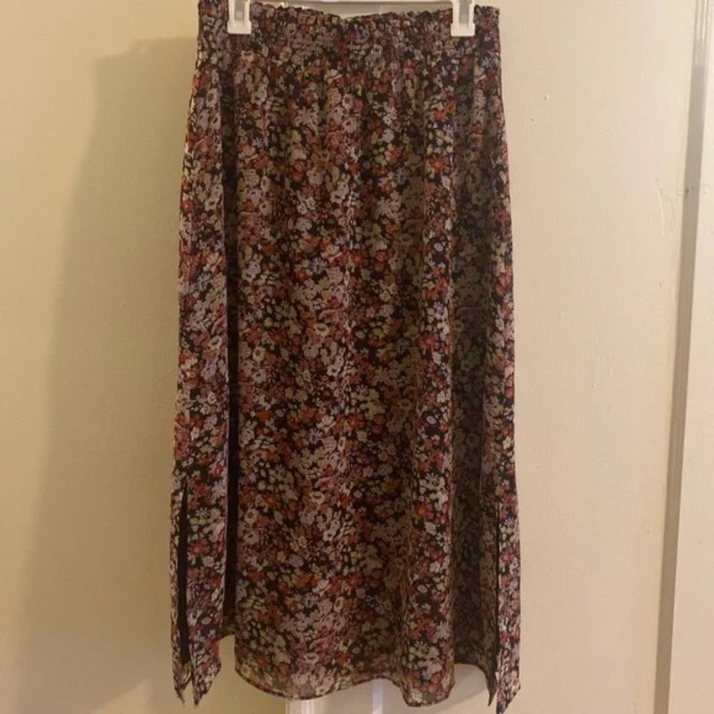 Loft Burgundy Floral Midi Skirt